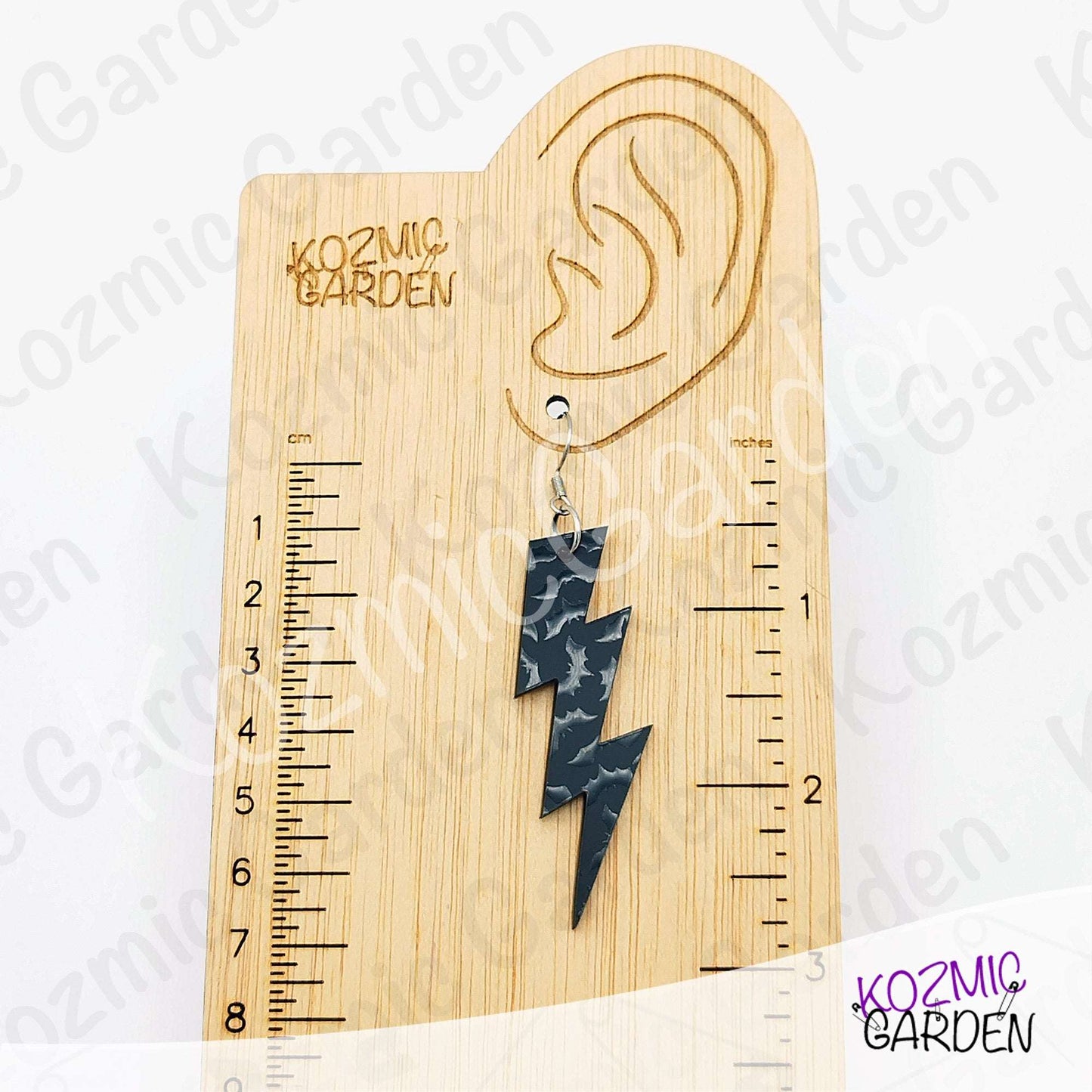 Gothic Bat Pattern Lightning Bolt Earrings | Black Acrylic Jewelry