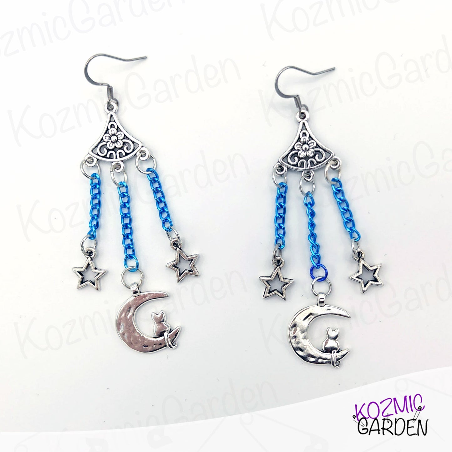 Cat on the Moon Blue Earrings – Bohemian Cosmic Charm