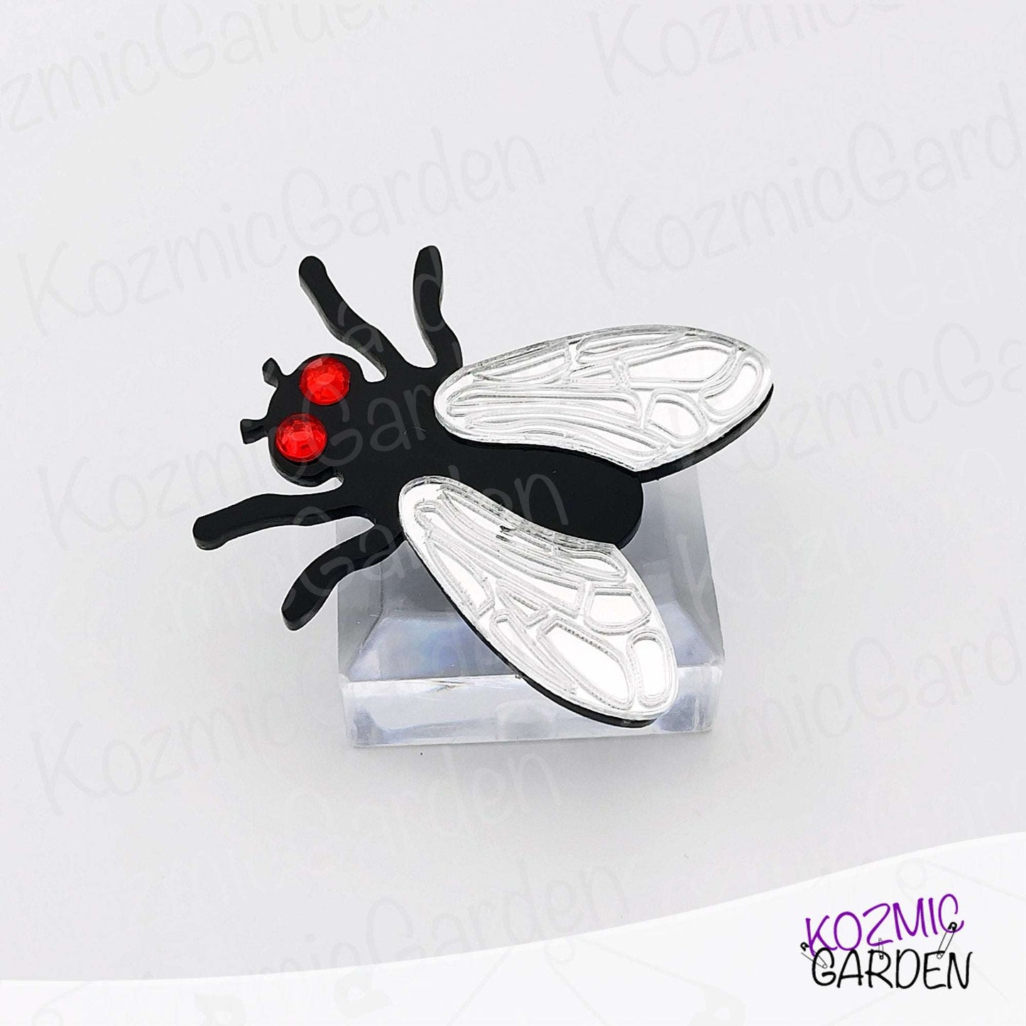 Fly Brooch – Mirrored Silver Wings & Rhinestone Eyes – Insect Pin with Quirky Charm