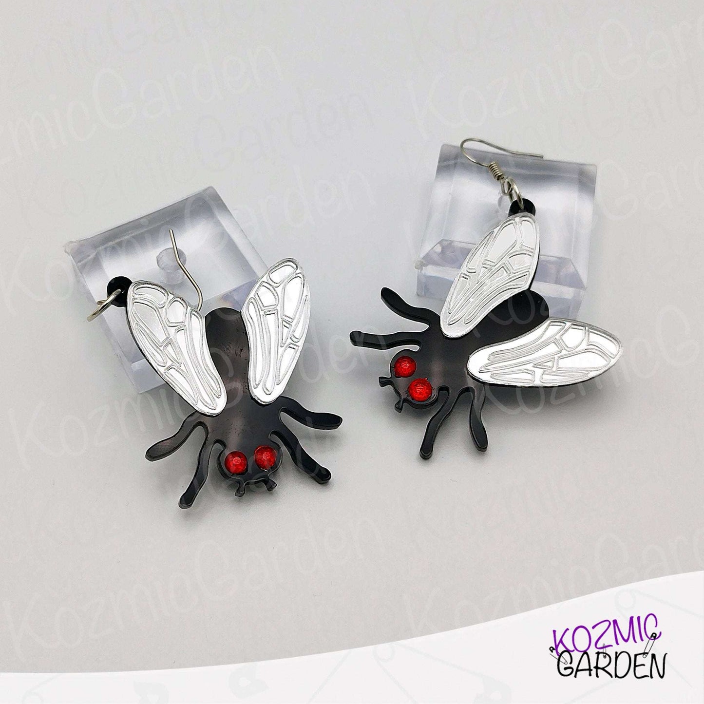 Fun Fly Earrings and Necklace with Mirrored Wings & Red Eyes | Fashion That Flies