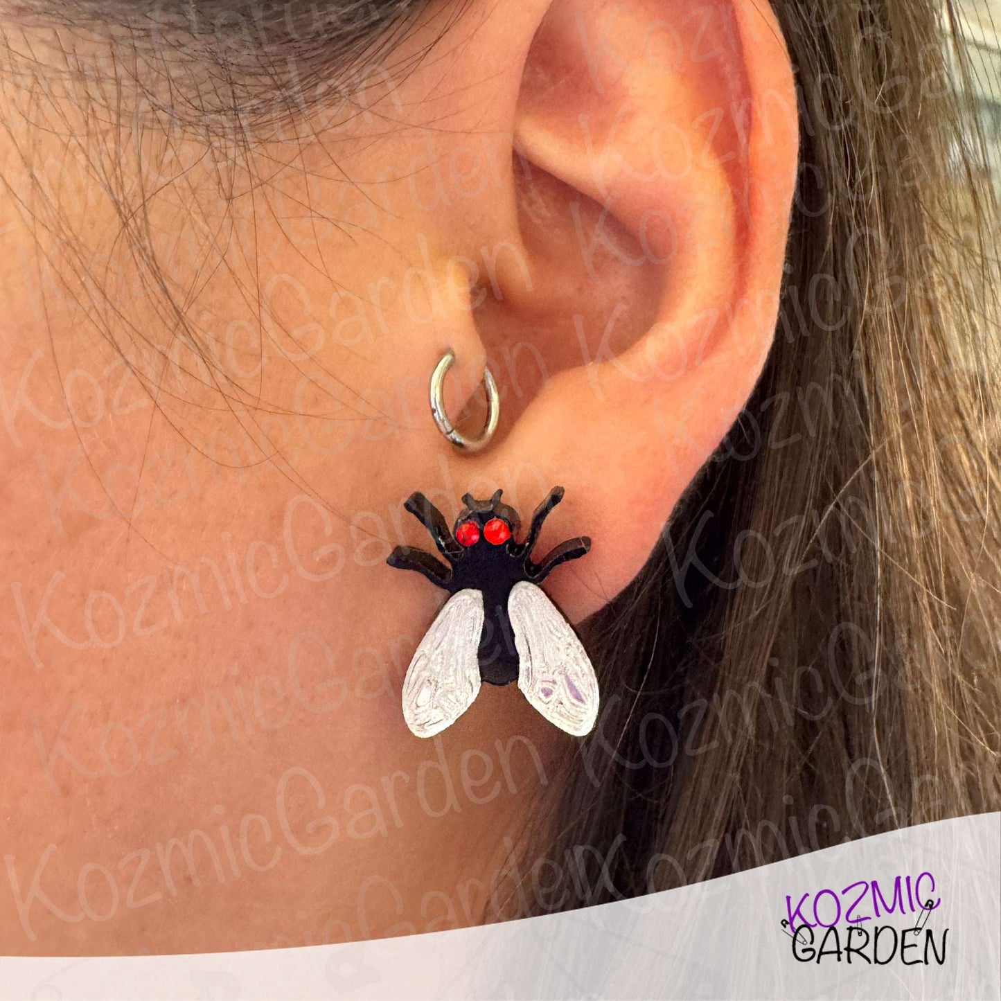 Fly Stud Earrings – Mirrored Silver Wings & Sparkling Rhinestone Eyes – Quirky Bug Jewelry