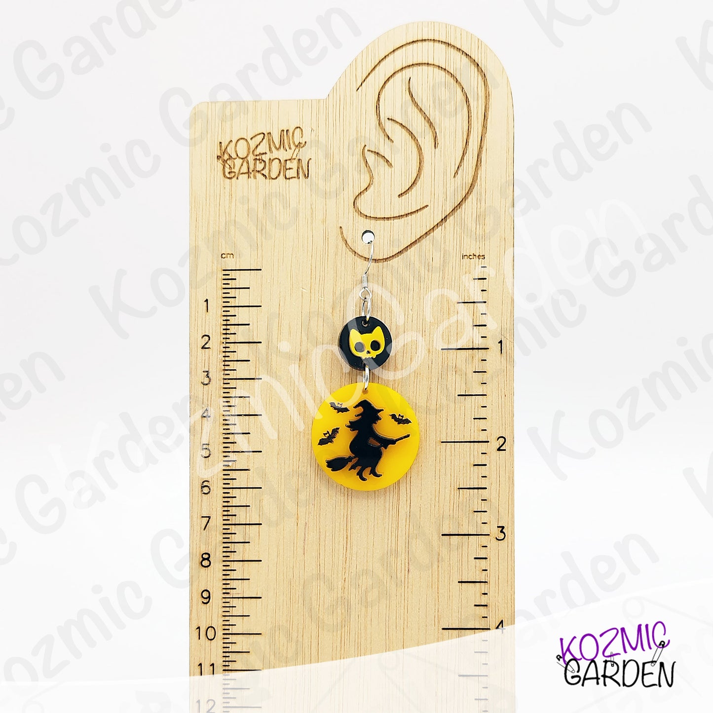 Witch Silhouette Full Moon Earrings – Flying Witch with Bats & Cat Skull Dangles