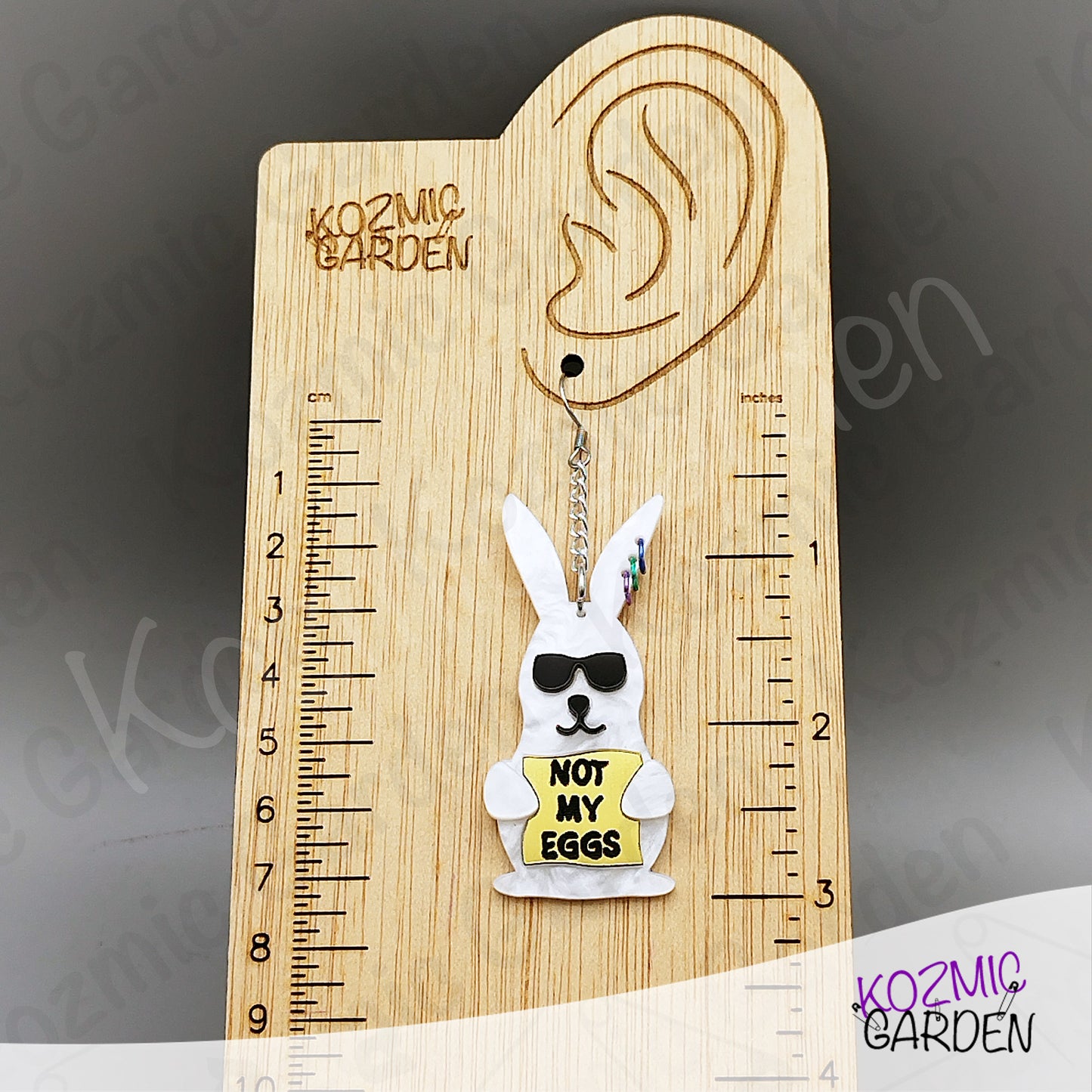 Funny Easter Rabbit Earrings – White Pearled Bunnies with Sunglasses, “Not My Eggs” Dangle Earrings