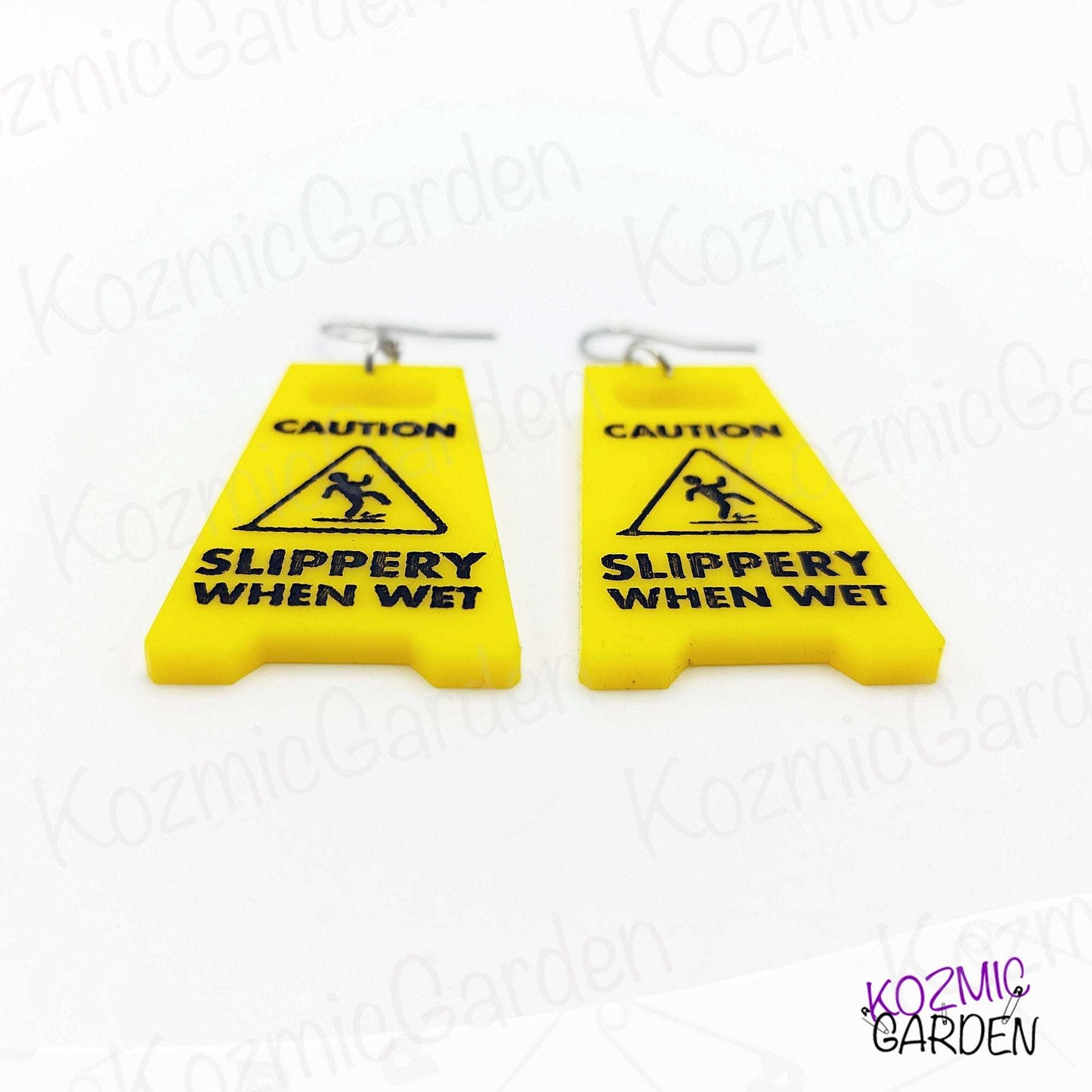 Caution: Slippery When Wet Sign Earrings – Wet Floor Earrings, Quirky and Original Jewelry