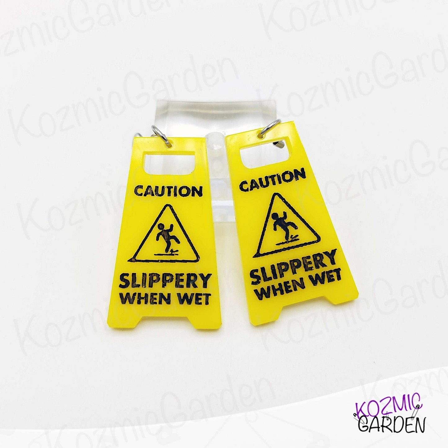 Caution: Slippery When Wet Sign Earrings – Wet Floor Earrings, Quirky and Original Jewelry