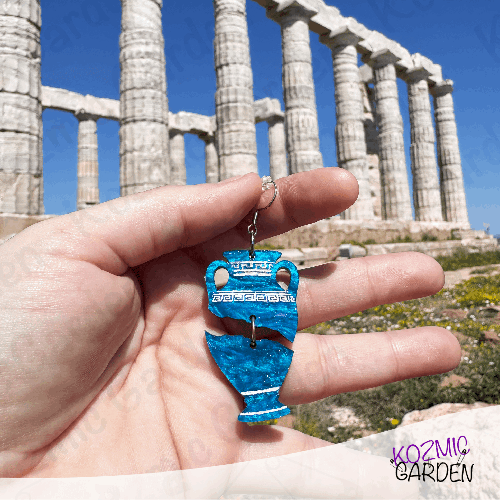Blue Greek Vase Earrings – Broken Pottery Design, Mythology Jewelry, Greek Earrings
