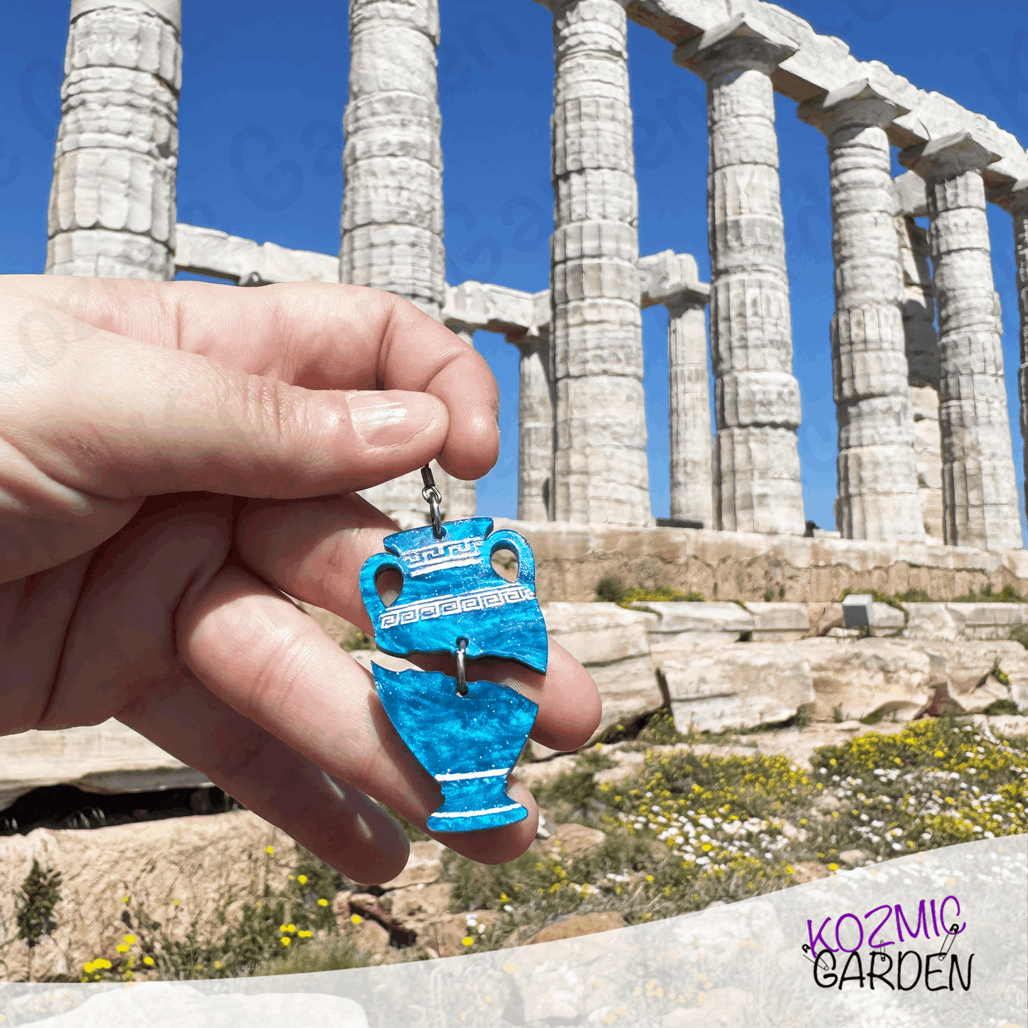 Blue Greek Vase Earrings – Broken Pottery Design, Mythology Jewelry, Greek Earrings