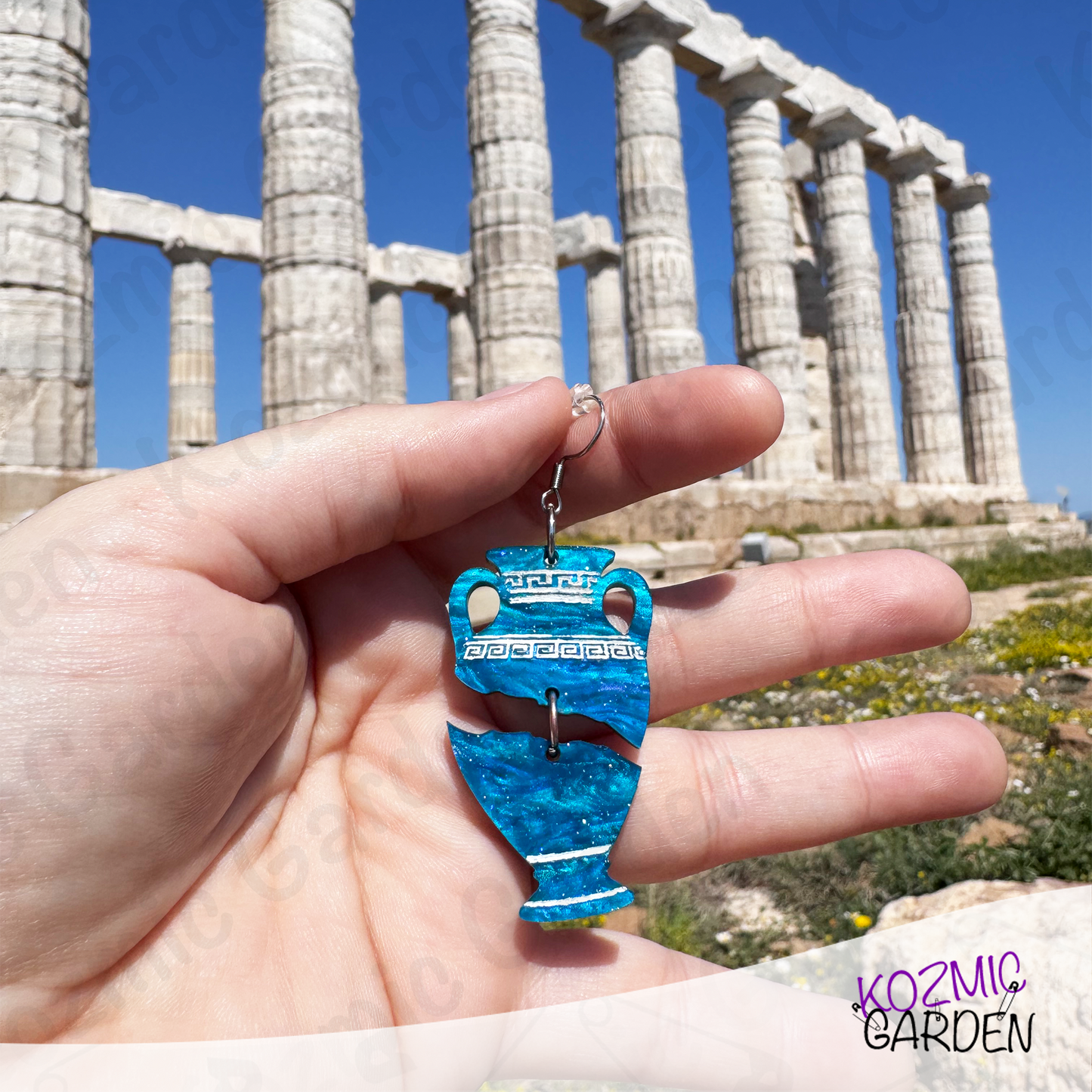 Blue Greek Vase Earrings – Broken Pottery Design, Mythology Jewelry, Greek Earrings
