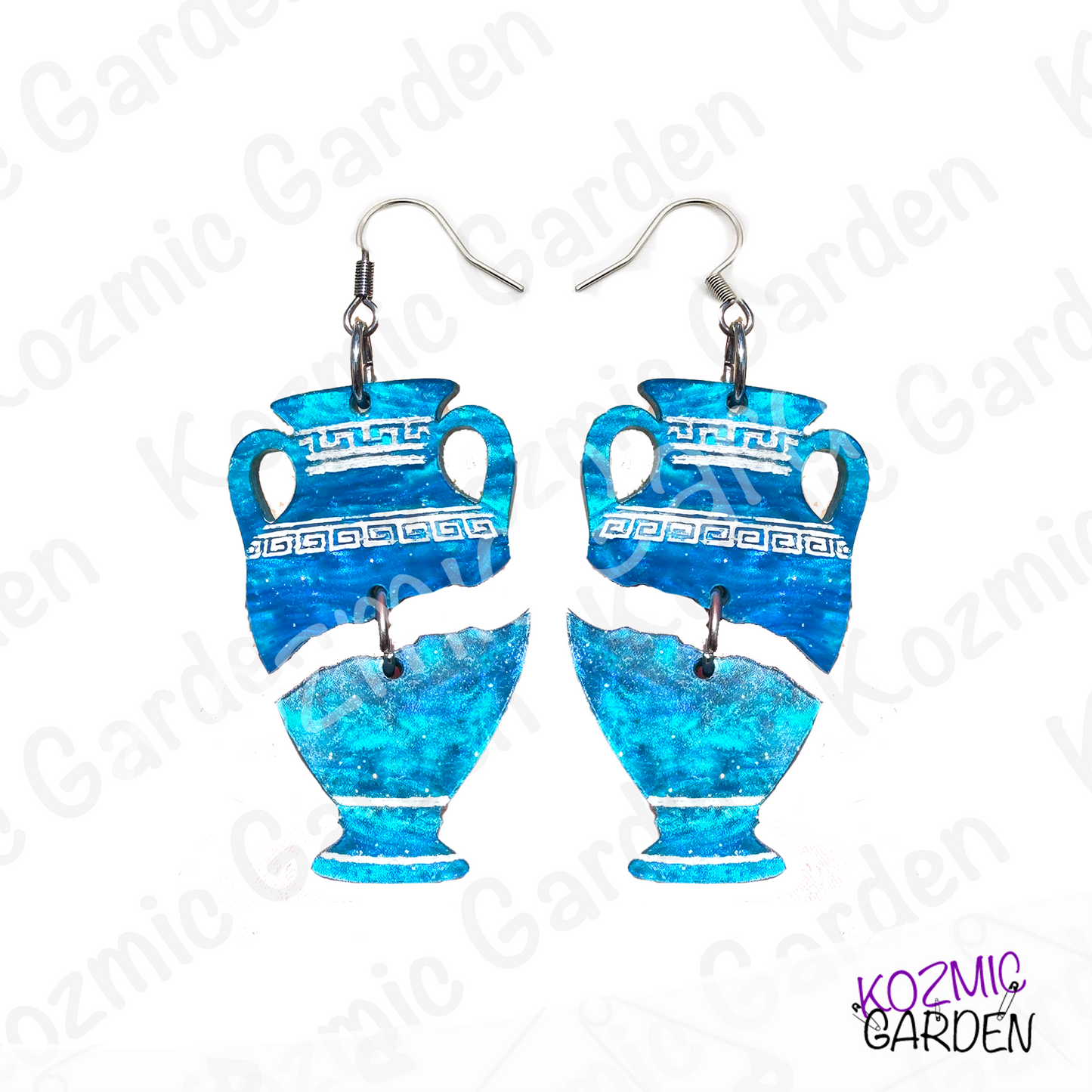 Blue Greek Vase Earrings – Broken Pottery Design, Mythology Jewelry, Greek Earrings