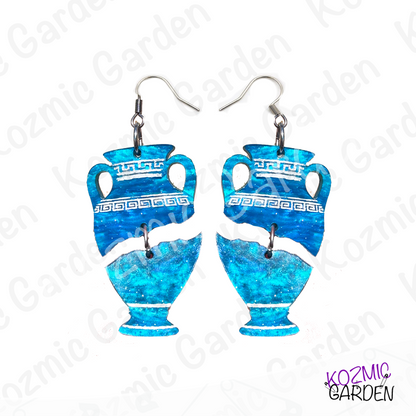 Blue Greek Vase Earrings – Broken Pottery Design, Mythology Jewelry, Greek Earrings