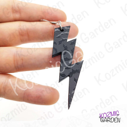 Gothic Bat Pattern Lightning Bolt Earrings | Black Acrylic Jewelry