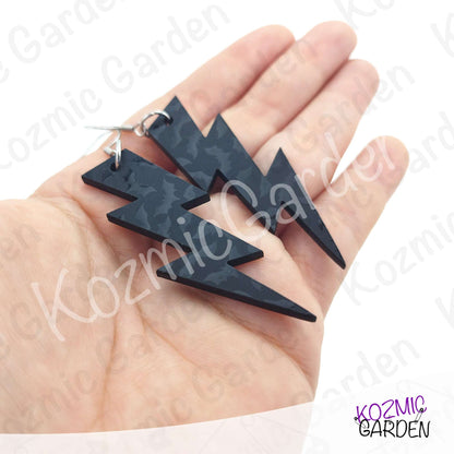 Gothic Bat Pattern Lightning Bolt Earrings | Black Acrylic Jewelry
