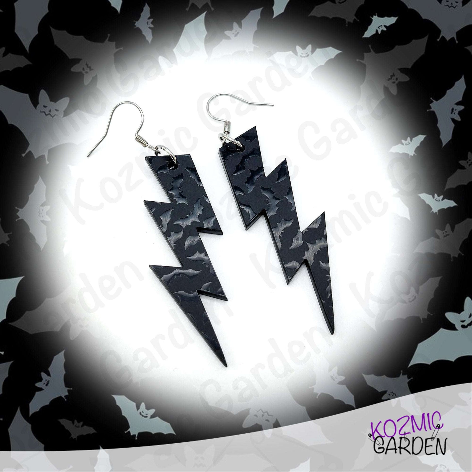 Gothic Bat Pattern Lightning Bolt Earrings | Black Acrylic Jewelry
