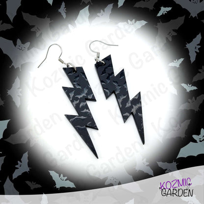 Gothic Bat Pattern Lightning Bolt Earrings | Black Acrylic Jewelry