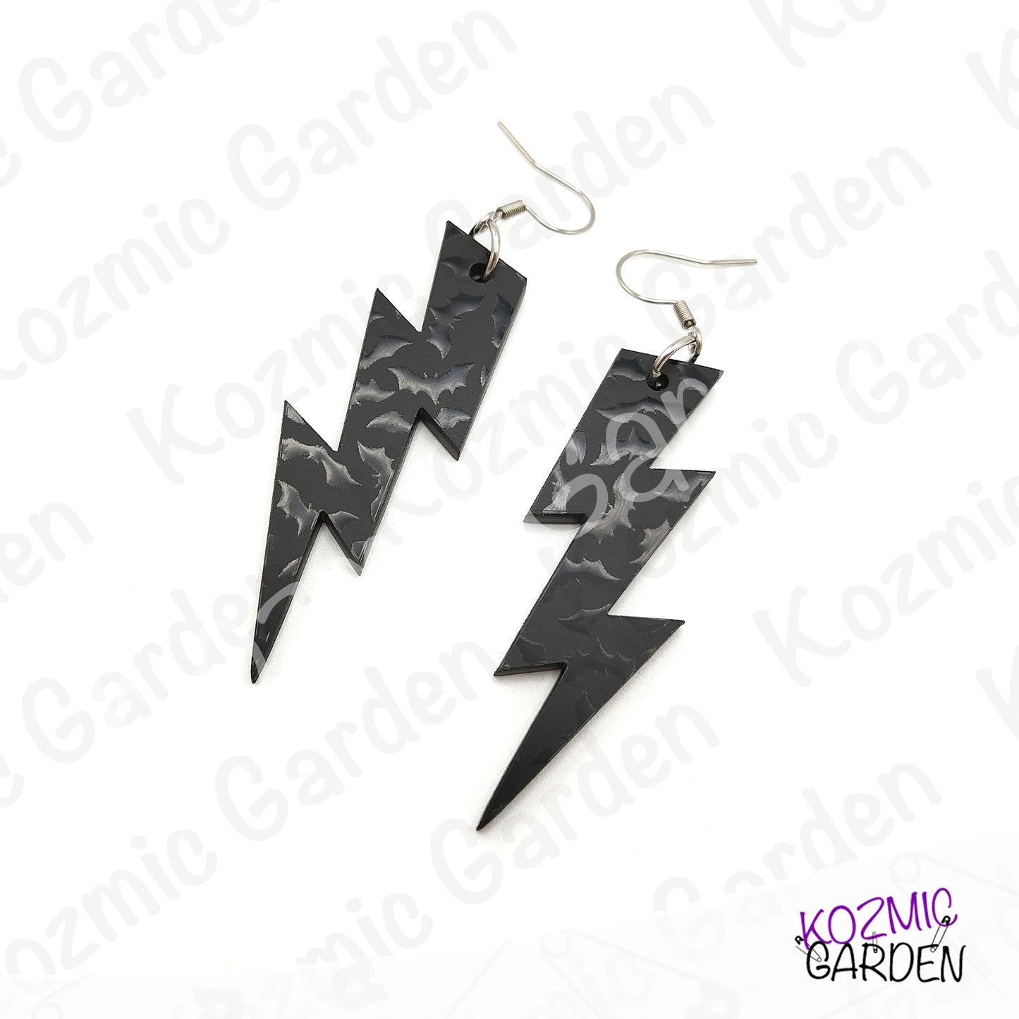 Gothic Bat Pattern Lightning Bolt Earrings | Black Acrylic Jewelry