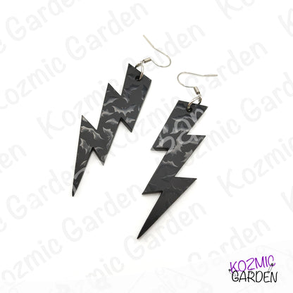 Gothic Bat Pattern Lightning Bolt Earrings | Black Acrylic Jewelry