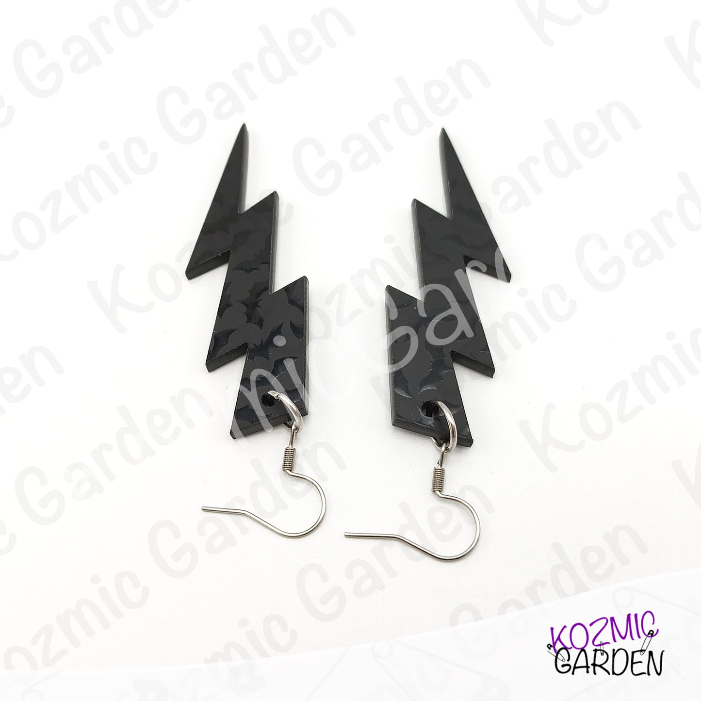 Gothic Bat Pattern Lightning Bolt Earrings | Black Acrylic Jewelry