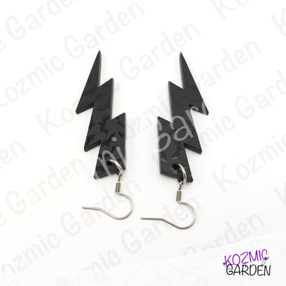Gothic Bat Pattern Lightning Bolt Earrings | Black Acrylic Jewelry