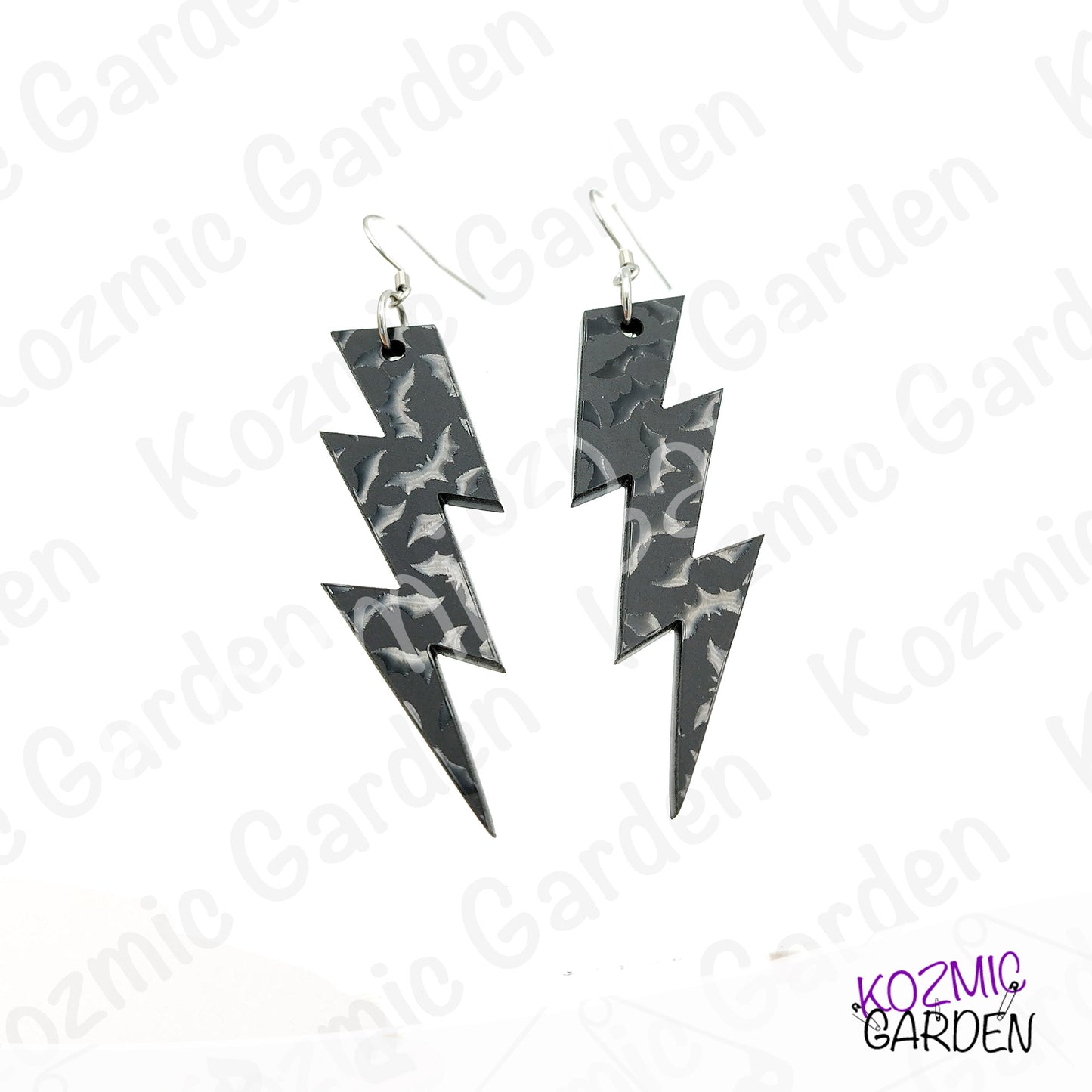 Gothic Bat Pattern Lightning Bolt Earrings | Black Acrylic Jewelry