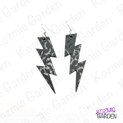 Gothic Bat Pattern Lightning Bolt Earrings | Black Acrylic Jewelry