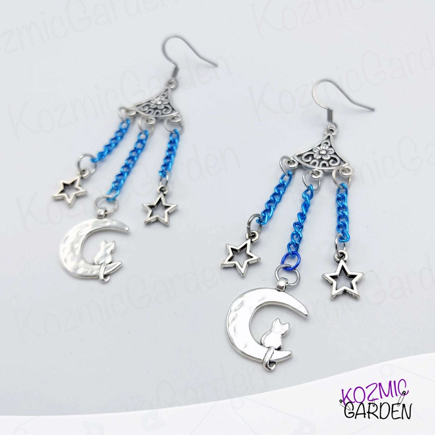 Cat on the Moon Blue Earrings – Bohemian Cosmic Charm