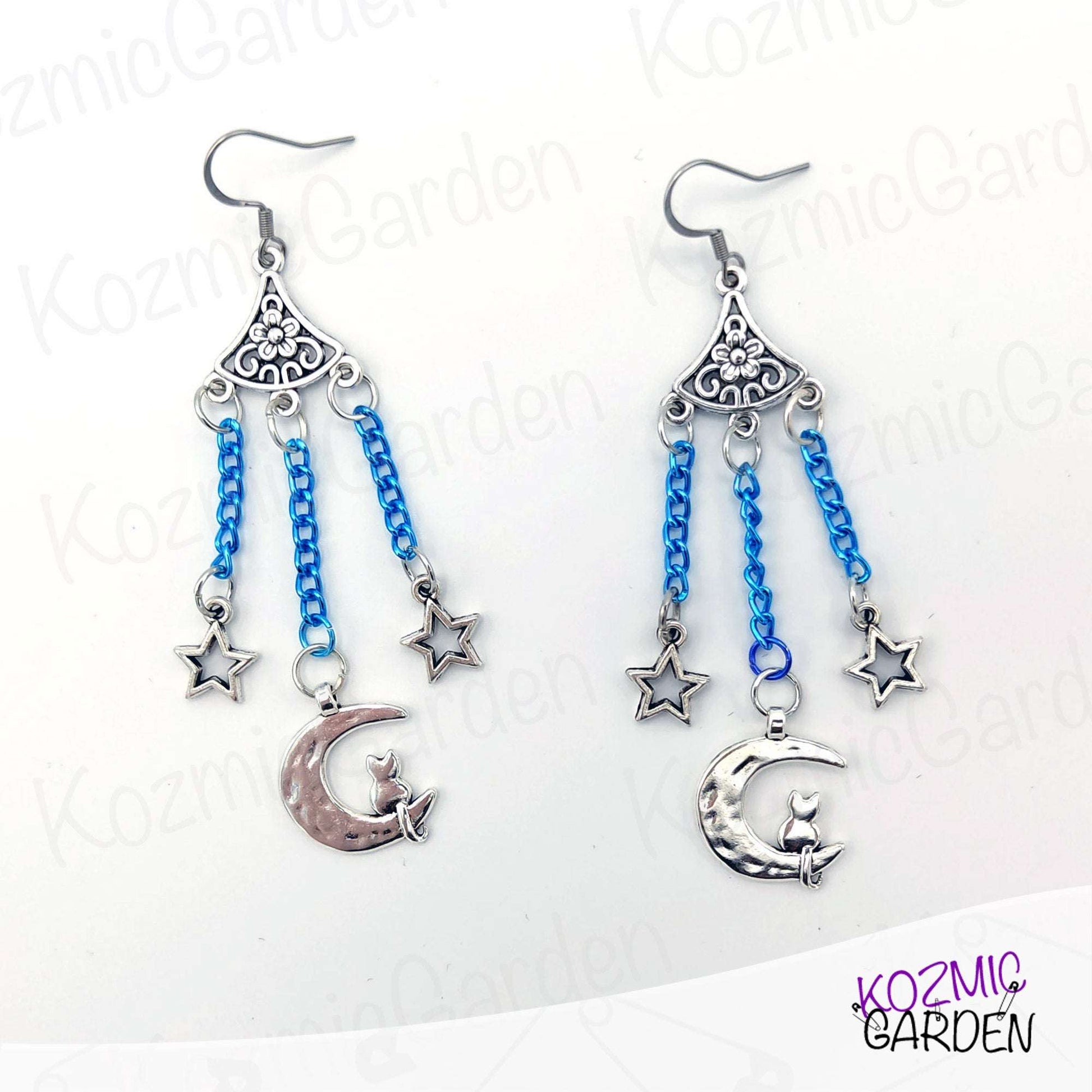 Cat on the Moon Blue Earrings – Bohemian Cosmic Charm