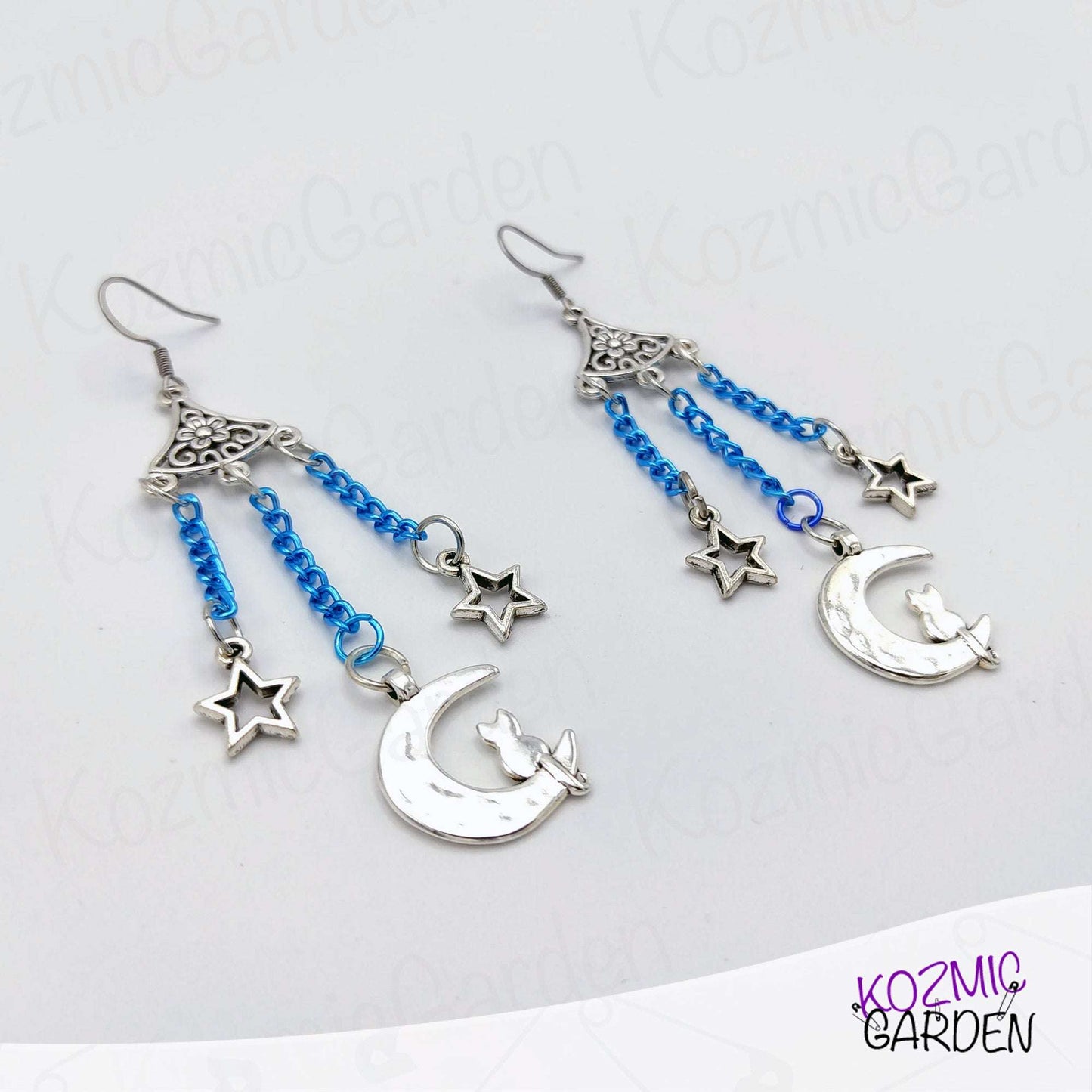 Cat on the Moon Blue Earrings – Bohemian Cosmic Charm