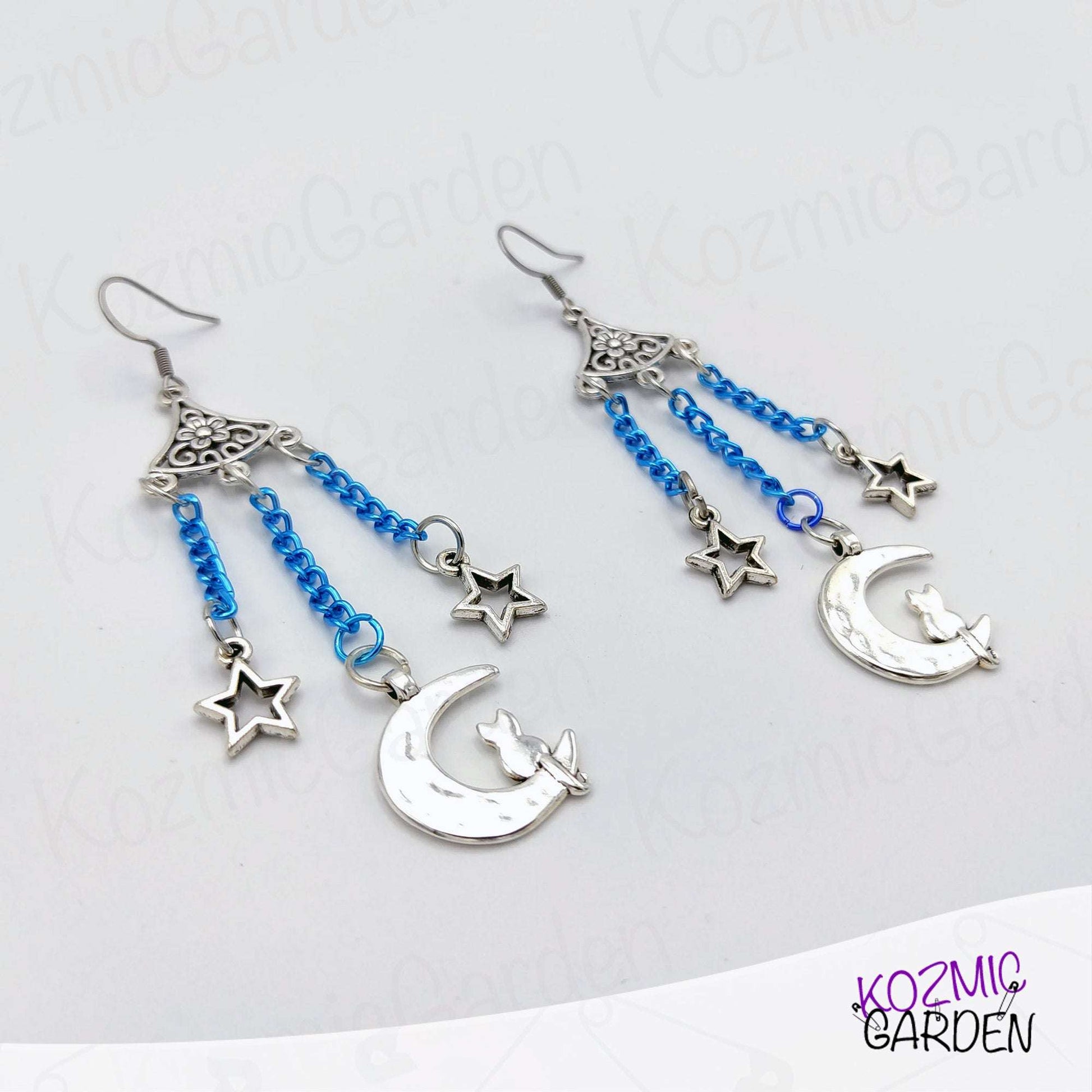 Cat on the Moon Blue Earrings – Bohemian Cosmic Charm