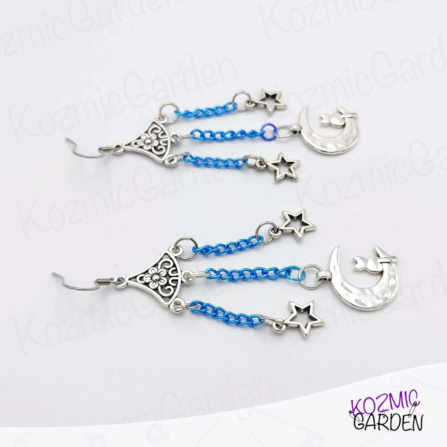 Cat on the Moon Blue Earrings – Bohemian Cosmic Charm
