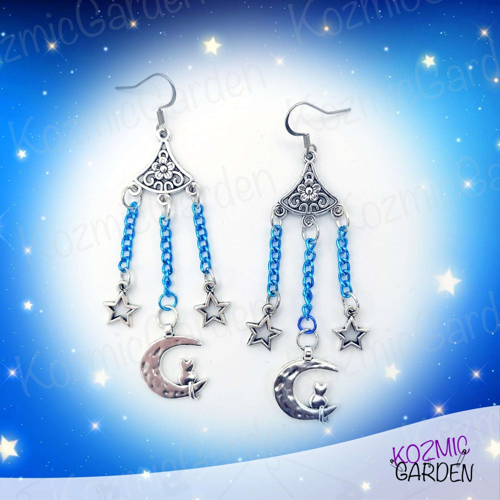 Cat on the Moon Blue Earrings – Bohemian Cosmic Charm