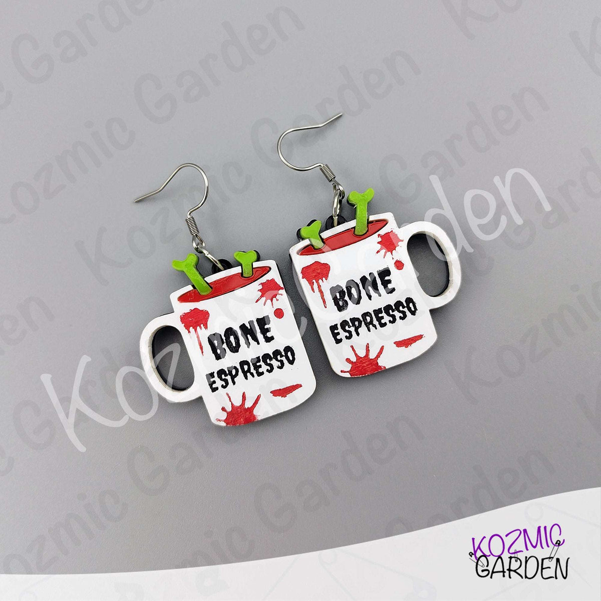 Bone Espresso Mugs Earrings — Halloween Coffee Skull Earrings Spooky Funny Gift