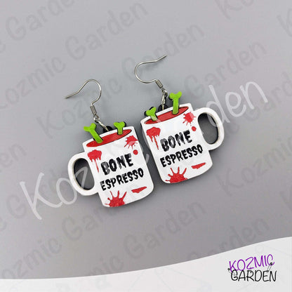 Bone Espresso Mugs Earrings — Halloween Coffee Skull Earrings Spooky Funny Gift