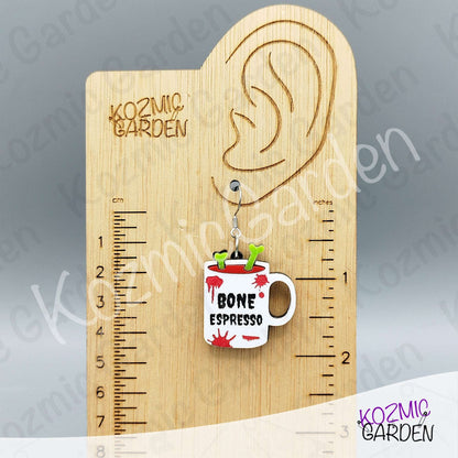 Bone Espresso Mugs Earrings — Halloween Coffee Skull Earrings Spooky Funny Gift