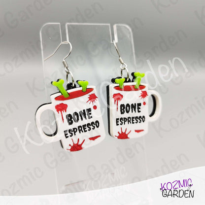 Bone Espresso Mugs Earrings — Halloween Coffee Skull Earrings Spooky Funny Gift