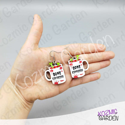 Bone Espresso Mugs Earrings — Halloween Coffee Skull Earrings Spooky Funny Gift