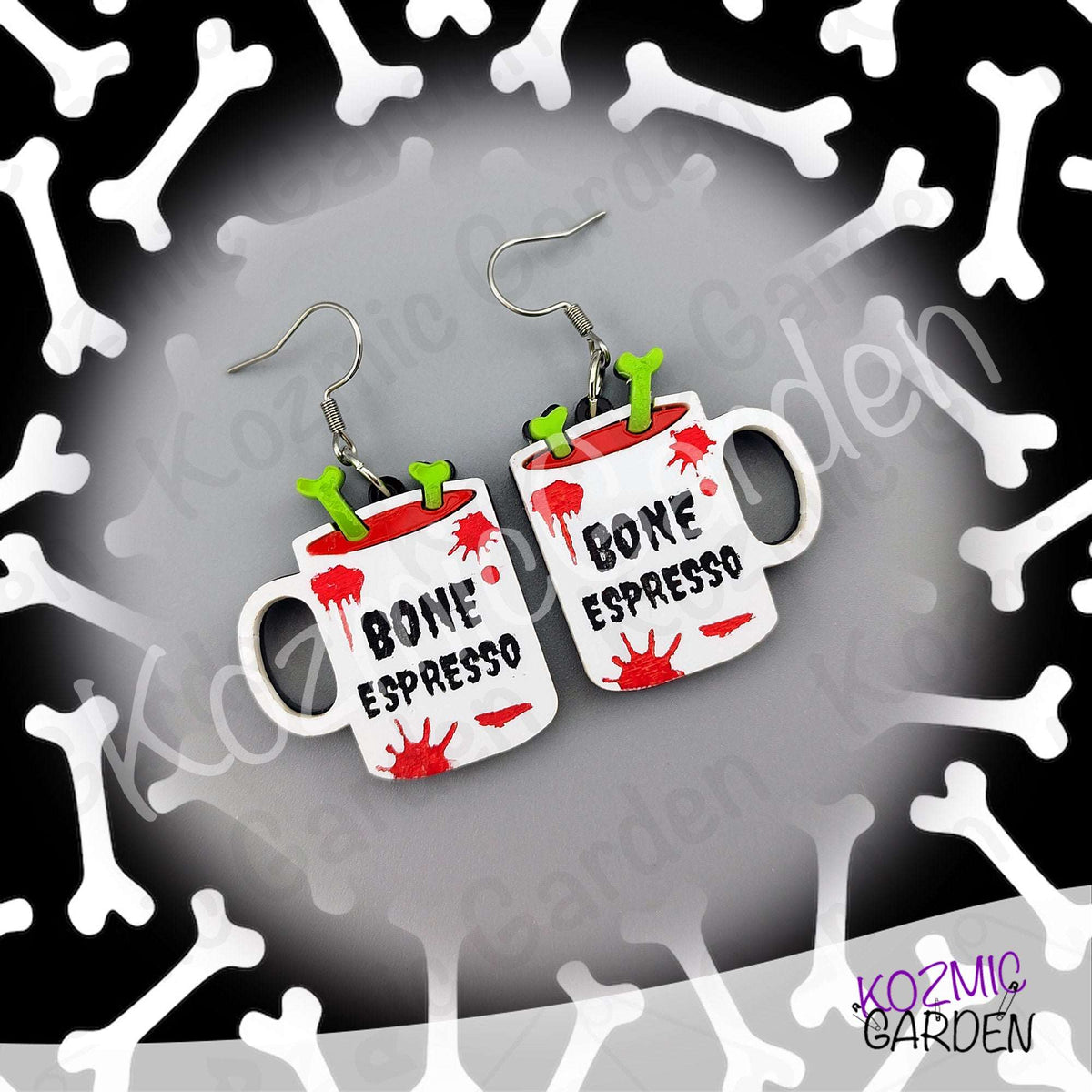 Bone Espresso Mugs Earrings — Halloween Coffee Skull Earrings Spooky Funny Gift