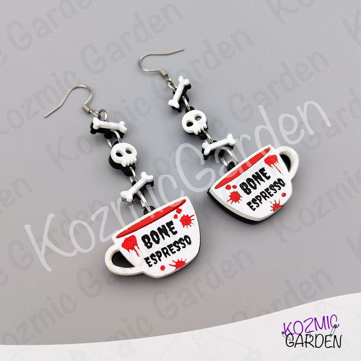 Bone Espresso Cup Earrings — Halloween Coffee Skull Earrings Spooky Funny Gift