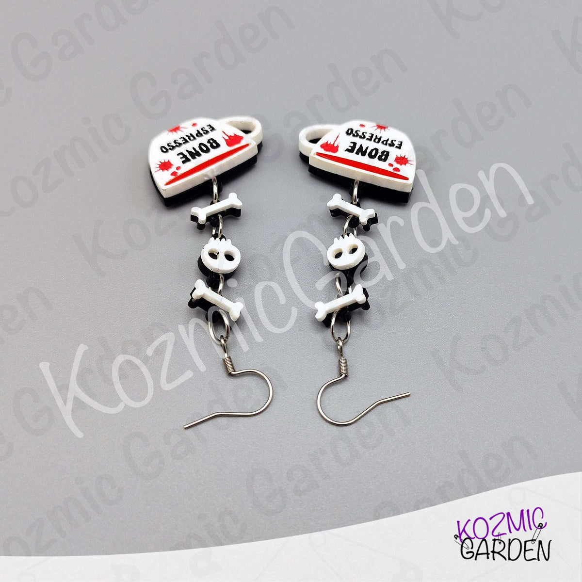 Bone Espresso Cup Earrings — Halloween Coffee Skull Earrings Spooky Funny Gift