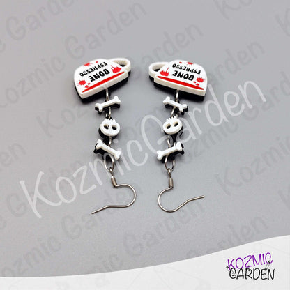 Bone Espresso Cup Earrings — Halloween Coffee Skull Earrings Spooky Funny Gift