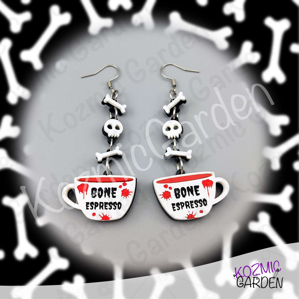 Bone Espresso Cup Earrings — Halloween Coffee Skull Earrings Spooky Funny Gift