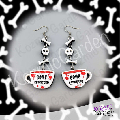Bone Espresso Cup Earrings — Halloween Coffee Skull Earrings Spooky Funny Gift