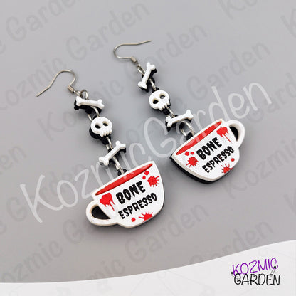Bone Espresso Cup Earrings — Halloween Coffee Skull Earrings Spooky Funny Gift
