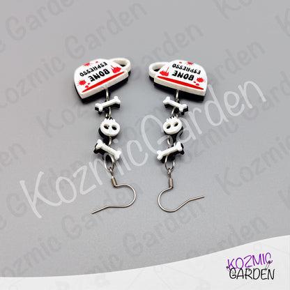Bone Espresso Cup Earrings — Halloween Coffee Skull Earrings Spooky Funny Gift