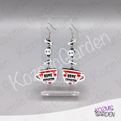 Bone Espresso Cup Earrings — Halloween Coffee Skull Earrings Spooky Funny Gift