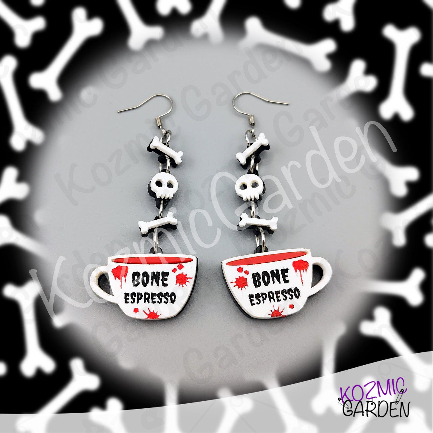 Bone Espresso Cup Earrings — Halloween Coffee Skull Earrings Spooky Funny Gift