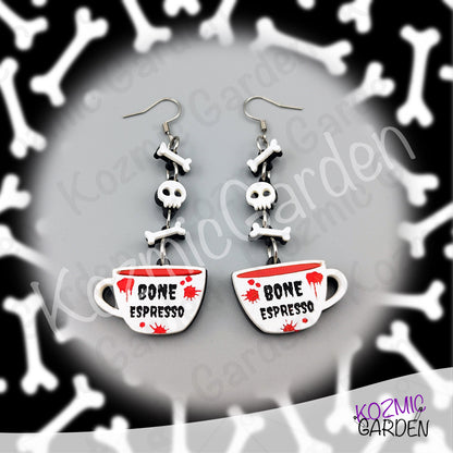 Bone Espresso Cup Earrings — Halloween Coffee Skull Earrings Spooky Funny Gift