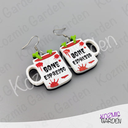 Bone Espresso Mugs Earrings — Halloween Coffee Skull Earrings Spooky Funny Gift