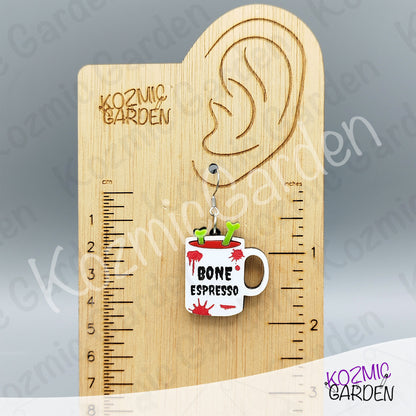 Bone Espresso Mugs Earrings — Halloween Coffee Skull Earrings Spooky Funny Gift