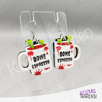 Bone Espresso Mugs Earrings — Halloween Coffee Skull Earrings Spooky Funny Gift