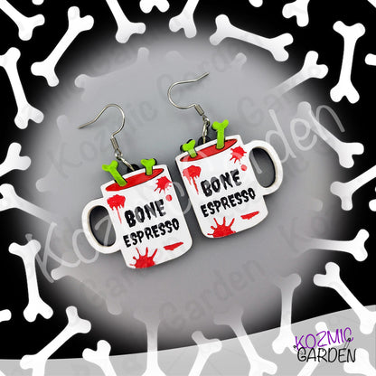 Bone Espresso Mugs Earrings — Halloween Coffee Skull Earrings Spooky Funny Gift